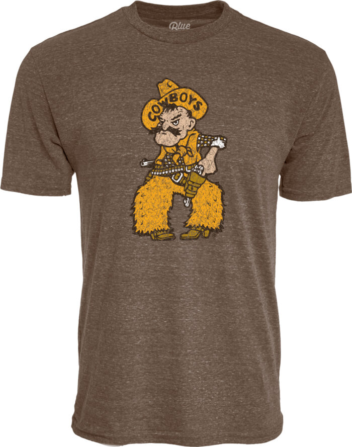 brown short sleeve t-shirt with design center chest. design is pistol pete in gold, brown, and white