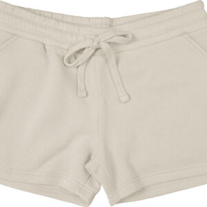 womens ivory shorts with brown bucking horse logo on left thigh. Has draw string waist band tied in a bow