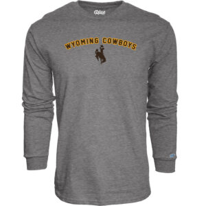 grey long sleeve t-shirt with design center chest. Design is a brown arched wyoming cowboys with gold outline, below is a brown bucking horse centered