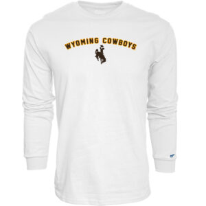 white long sleeve t-shirt with design center chest. Design is a brown arched wyoming cowboys with gold outline, below is a brown bucking horse centered