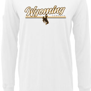 white long sleeve t-shirt with center chest design. Design is a brown and gold outlined wyoming script with two lines below. Above top line is cowboys left centered and centered on the lines is a bucking horse