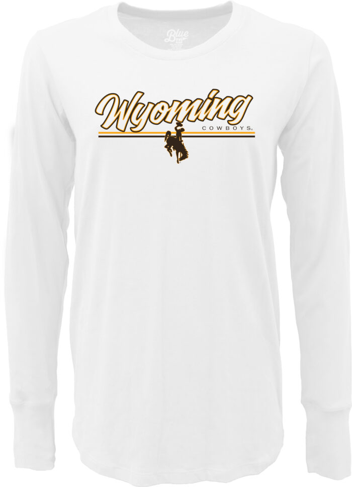 white long sleeve t-shirt with center chest design. Design is a brown and gold outlined wyoming script with two lines below. Above top line is cowboys left centered and centered on the lines is a bucking horse