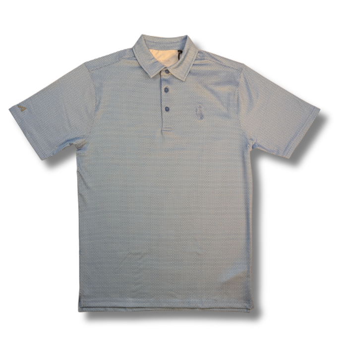mens grey and white polo, three buttoned design, embroidered bucking horse on left chest
