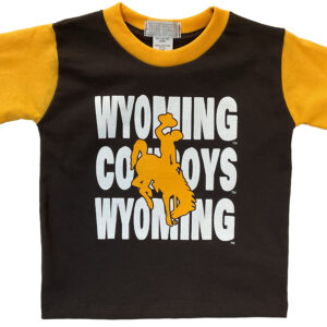 brown toddler and infant tee with gold sleeves/collar, design is white wyoming cowboys wyoming repeat centered with gold bucking horse brought to the front.