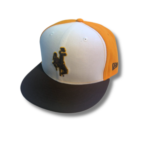 White and gold hat with brown flat bill, design is embroidered brown bucking horse with gold outline
