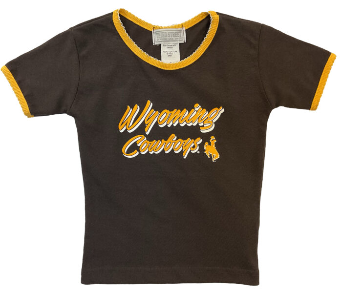 Brown toddler and infant tee with gold trim on sleeves and neck, gold and white script wyoming cowboys design center chest with bucking horse left centered on script