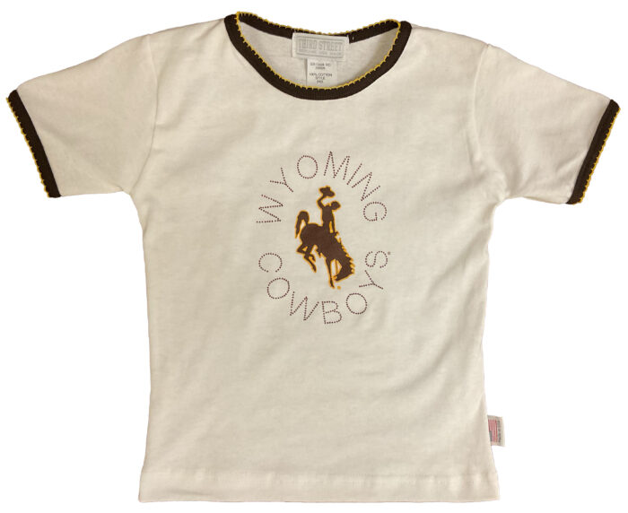 white toddler and infant tee with brown trim on sleeves and neck. design is brow arched wyoming cowboys around a brown and gold bucking horse center chest