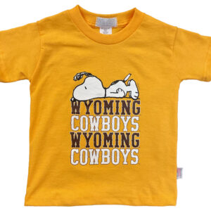 gold toddler tee with design center chest. design is white and brown wyoming cowboys repeating twice down the front, on top of letters is white snoopy laying down