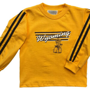 Gold toddler and infant long sleeve with two brown sleeve stripes. Brown/white slanted Wyoming script, Pistol Pete below, four brown stripes behind the text.