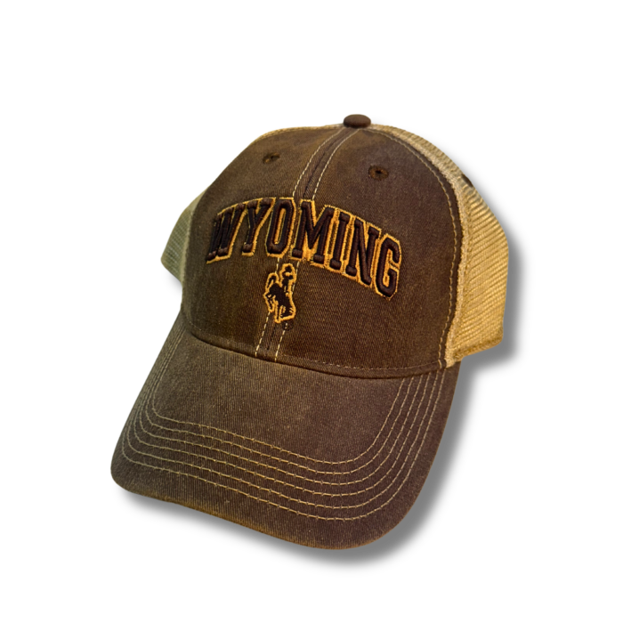 washed brown adjustable, unstructured hat with tan mesh back that has Wyoming lettered patch with Bucking Horse below on the front.