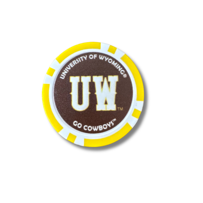 Oversized two-sided golf ball marker with gold/white outline, brown with white "UW", "University of Wyoming", and "Go Cowboys" design.
