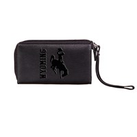 black leather writslet wallet with embossed design front center, design is sideways wyoming left-centered and bucking horse right centered