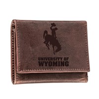 brown leather tri-fold wallet, embossed design on front center, design is bucking horse with university of wyoming below