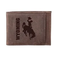brown leather slim card holder with RFID blocking, embossed design with sideways wyoming left-centered and bucking horse right-centered, below one card slot
