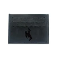 black leather slim card holder with RFID blocking, simple embossed bucking horse below three card slots