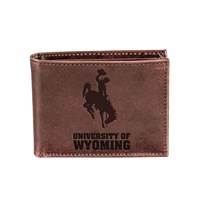 brown leather bifold wallet with embossed design, design is bucking horse centered above "university of wyoming" lettering