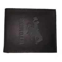 black leather bifold wallet with black sideways wyoming design embossed left-centered and a black bucking horse design embossed right-centered