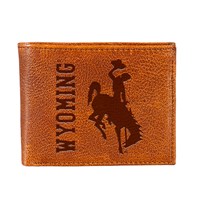 brown leather bifold wallet with brown sideways wyoming design embossed left-centered and a brown bucking horse design embossed right-centered