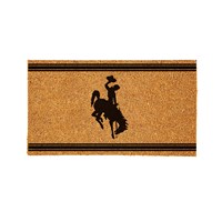 tan doormat with black bucking horse centered, three stripes are placed above and below the bucking horse, extending across the mat