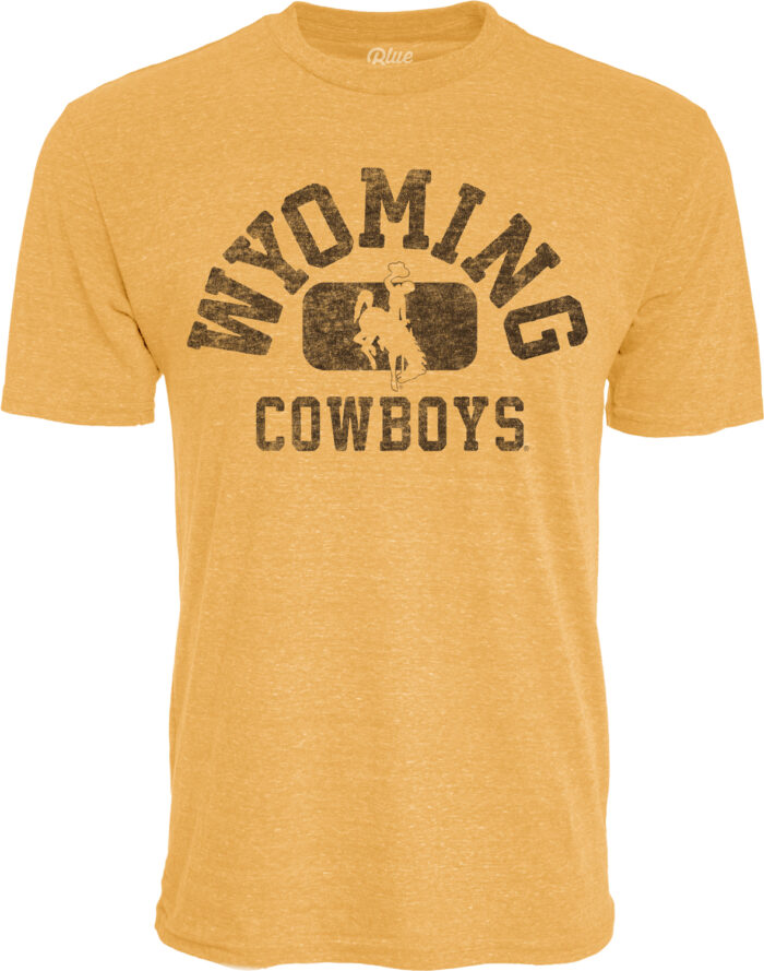 gold short sleeve tee with wyoming arched in dark brown with gold bucking horse center chest, cowboys under
