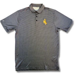 mens white and black polo, three buttoned design, embroidered gold bucking horse on left chest