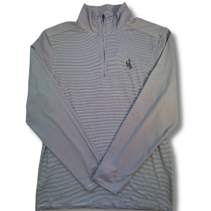 black and white striped quarter zip pullover, stripes on entire pullover with black embroidered bucking horse on left chest