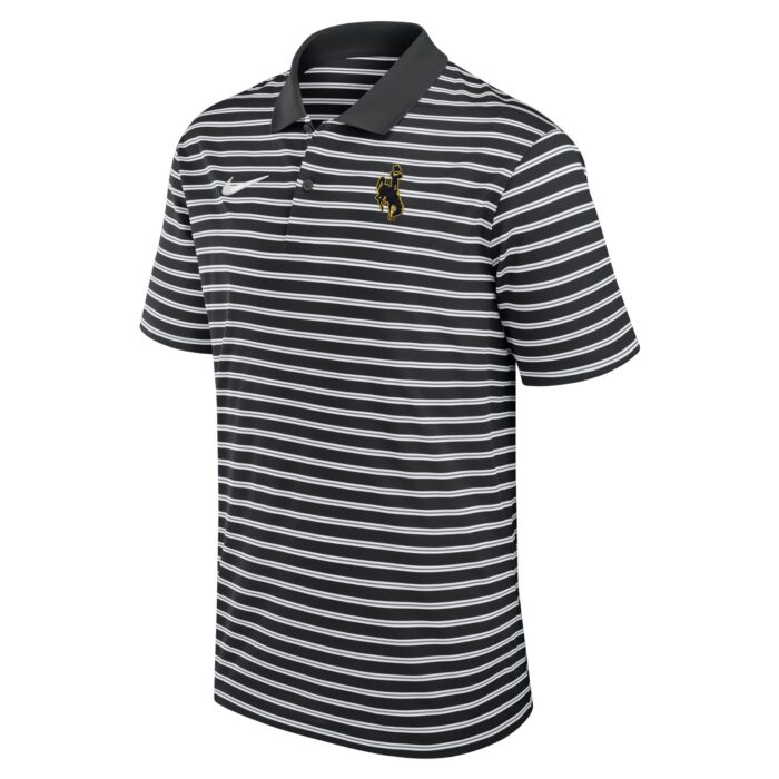 White/black striped two button polo shirt. bucking horse in brown with gold outline on left chest. White, nike swoosh on right chest.