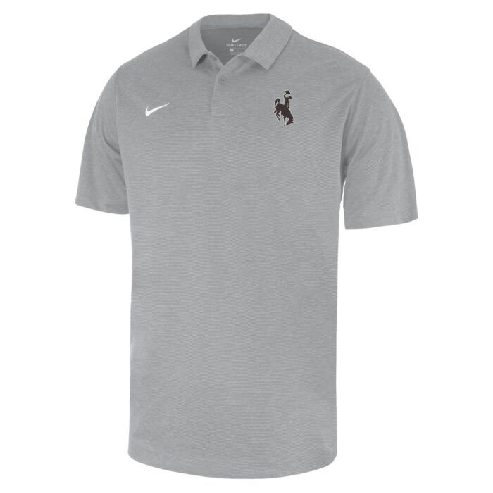 mens grey short sleeve polo with brown bucking horse on left chest and white nike logo on right chest, two button collar neck