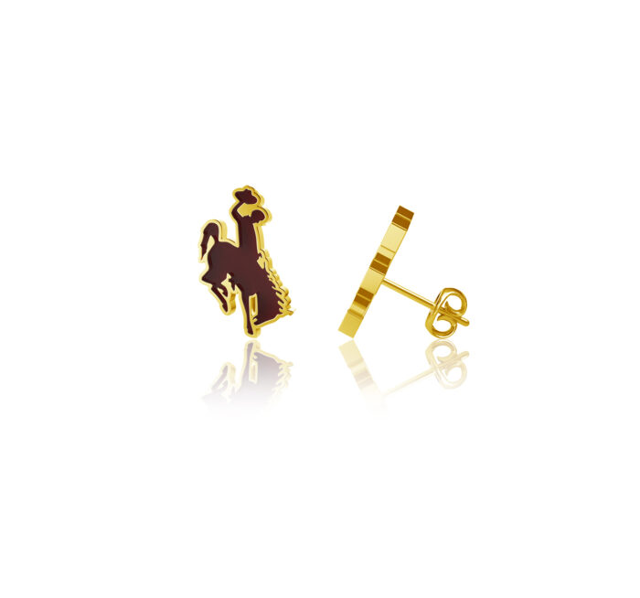 gold and brown bucking horse stud earrings. inside of earring is brown and the rest is gold