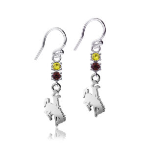 silver, brown, and gold dangle earrings. bucking horse dangled below a gold charm and brown charm