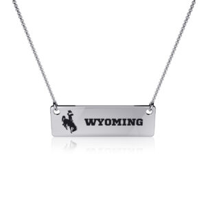 silver bar necklace. bar has etched bucking horse right centered and wyoming lettering left centered