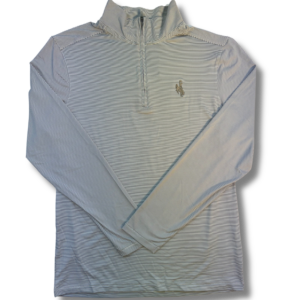 grey and white striped quarter zip pullover, stripes on entire pullover with grey embroidered bucking horse on left chest