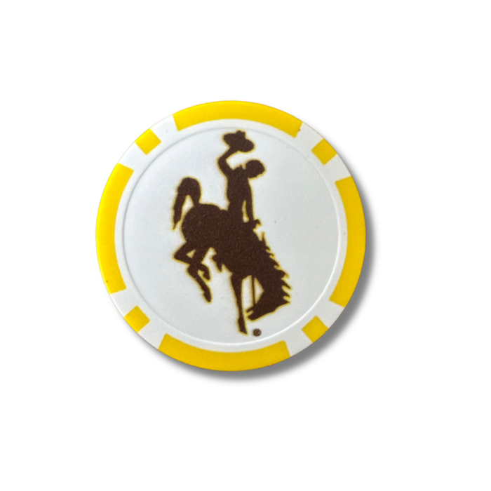 other sized of an oversized ball marker used for golf. design is a brown bucking horse and gold and white outline of the marker.