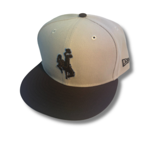 Stone hat with brown flat bill, design is embroidered brown bucking horse with blue outline