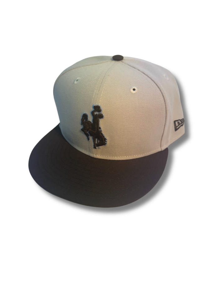 Stone hat with brown flat bill, design is embroidered brown bucking horse with blue outline