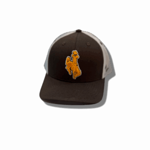brown adjustable hat, white mesh back, design is gold embroidered bucking horse outlined in white, brown eyelets at top of hat
