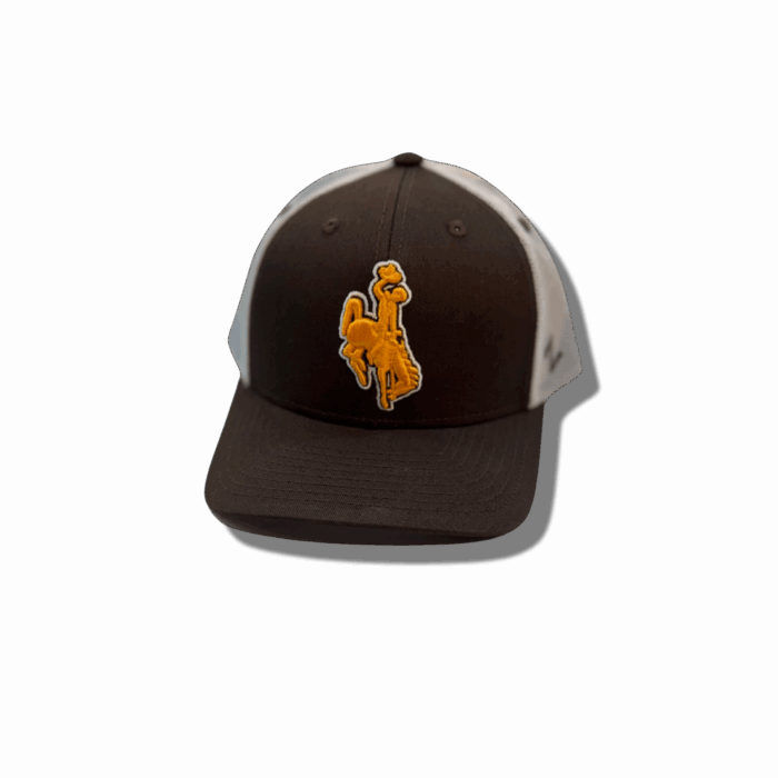 brown adjustable hat, white mesh back, design is gold embroidered bucking horse outlined in white, brown eyelets at top of hat