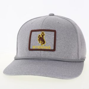 neutral grey rope hat with embroidered patch. patch is a brown rectangle outline with a brown bucking horse and gold wyoming lettering inside