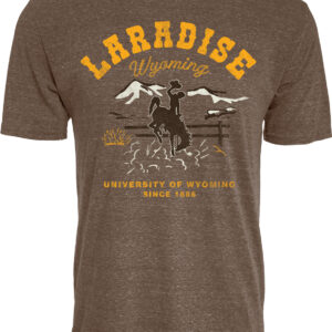 brown short sleeve tee with laradise in large gold text at top near collar, wyoming under in script, rope. mountain scene with bucking horse in center