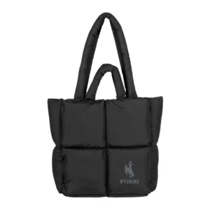 black puffer handbag with dual handles and tonal wyoming cowboys and bucking horse in silver.