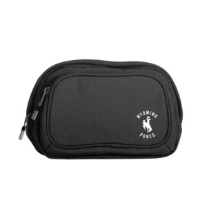 black belt bag with one big zipper pocket and a smaller one on front. has white design in bottom left corner. design is arched wyoming above a bucking horse with pokes below