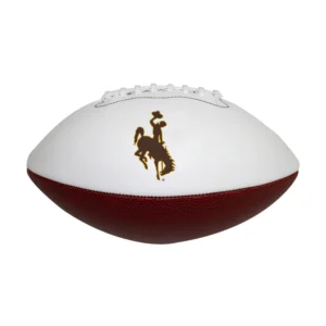 White and brown mini football. white grip with a brown bucking horse centered on the white with gold outline