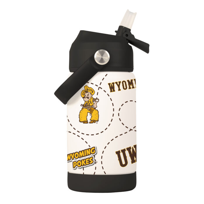 12 ounce kids flip lid bottle with handle to carry on top. has dashed lines going to different wyoming logos scattered around the bottle
