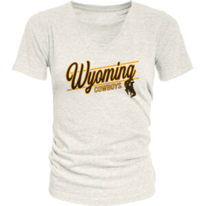 oatmeal womens vneck tee with design center chest. design is brown wyoming script with gold outline, gold cowboys lettering below and brown bucking horse left centered