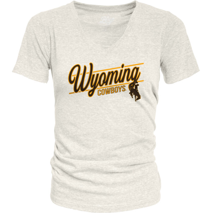 oatmeal womens vneck tee with design center chest. design is brown wyoming script with gold outline, gold cowboys lettering below and brown bucking horse left centered