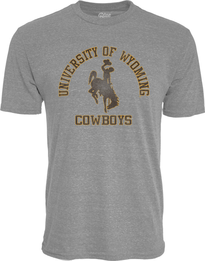 grey short sleeve teeshirt with brown design center chest. design is university of wyoming arched above big bucking horse and cowboys letting below that