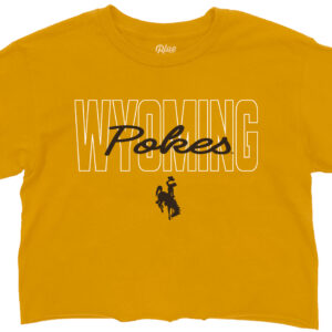 gold womens crop tee with white and brown design centered. design is white outlined wyoming with brown pokes script brought to front and brown bucking horse below