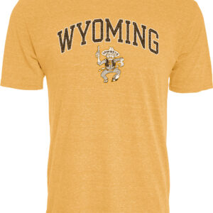 gold short sleeve tee with design center chest. design is brown wyoming lettering with gold outline and retro pistol pete-guns up below that