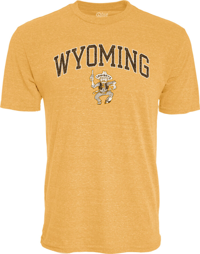 gold short sleeve tee with design center chest. design is brown wyoming lettering with gold outline and retro pistol pete-guns up below that