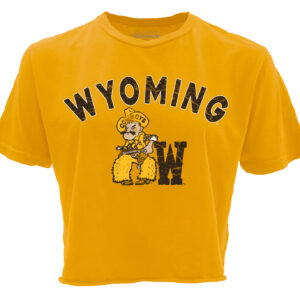 gold womens crop tee with design center chest. design is arched wyoming in brown with pistol pete below and block W on left of pistol